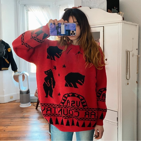 Vintage 80s Jane Adams Bear Country U.S.A. continuous print sweater One Size - Picture 3 of 5